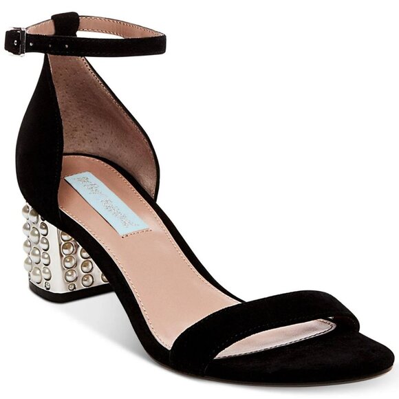 New BETSEY JOHNSON Melli Black Satin Heeled Sandal Pearl Embellishment 7 - Picture 1 of 9